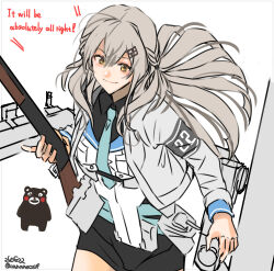  1girl black_shirt black_skirt breast_pocket brown_eyes cananocouf commentary_request cowboy_shot english_text flight_deck grey_hair grey_jacket gun highres independence_(kancolle) jacket kantai_collection kumamon layered_shirt pocket pump_action rifle rigging shirt shotgun skirt smile undershirt weapon white_shirt winchester_model_1897 yuru-chara 