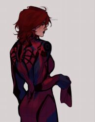  1girl arcane:_league_of_legends arcane_vi blue_bodysuit bodysuit highres holding holding_mask keidehoi league_of_legends marvel mask multicolored_bodysuit red_bodysuit red_hair short_hair spider-man spider-man_(series) superhero_costume two-tone_bodysuit vi_(league) 