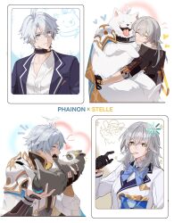  1boy 1girl 625light absurdres animal animal_hug animalization antenna_hair armor black_choker black_jacket blue_bow blue_bowtie blue_eyes bow bowtie character_name chips_(food) choker closed_eyes closed_mouth collared_shirt commentary contrast_collar dog eating food food_in_mouth graphia_academy_school_uniform grey_hair hair_between_eyes heart highres holding holding_animal holding_food honkai:_star_rail honkai_(series) jacket loading_icon long_hair long_sleeves looking_at_viewer multiple_views neck_tattoo pauldrons person_and_animalization phainon_(honkai:_star_rail) potato_chips raccoon school_uniform shirt short_hair shoulder_armor simple_background smile stelle_(honkai:_star_rail) sun_symbol sun_tattoo tattoo trailblazer_(honkai:_star_rail) upper_body white_background white_jacket white_shirt yellow_eyes 
