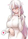  1girl 2poet 9a-91_(girls&#039;_frontline) absurdres blush breasts closed_eyes commentary_request girls_frontline hair_between_eyes hand_on_own_stomach heart highres korean_commentary large_breasts long_hair long_sleeves low_ponytail lower_teeth_only open_mouth simple_background solo sweater teeth upper_body white_background white_hair white_sweater 