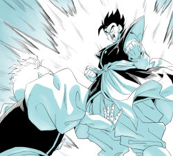  amayuki318 angry aura baggy_pants belt black_hair blue_background boots clenched_hands clothes_around_waist commentary_request dragon_ball dragon_ball_z earrings fighting_stance floating_clothes from_below gradient_background highres jewelry juliet_sleeves kaioushin long_sleeves looking_down looking_up mohawk muscular muscular_male old old_man open_mouth outstretched_arms pants pointy_ears potara_earrings powering_up puffy_sleeves rou_kaioushin screaming son_gohan spiky_hair thick_eyebrows white_hair 