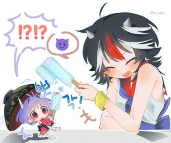  !? 2girls ahoge black_hair black_hat blush_stickers bowl bowl_hat bracelet closed_eyes commentary_request demon_emoji double_popsicle fang food hair_intakes hat holding holding_food holding_popsicle horns japanese_clothes jewelry kijin_seija kimono kiwi_(x_x915) korean_commentary multicolored_hair multiple_girls open_mouth popsicle red_eyes red_hair red_kimono shoes simple_background speech_bubble spoken_emoji spoken_interrobang streaked_hair sukuna_shinmyoumaru sweatdrop touhou twitter_username upper_body white_background white_hair white_shoes 