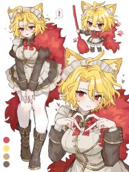  ! 1girl animal_ear_fluff animal_ears apron bell blonde_hair blush boots bow bowtie breasts broom brown_boots brown_shirt brown_skirt buttoned_cuffs buttons cat_ears chibi closed_mouth color_guide don_quixote_(project_moon) dot_nose embarrassed enmaided fang feather_boa flying_sweatdrops four-finger_heart_hands framed_breasts frilled_apron frills full_body gold_trim hair_between_eyes hand_on_own_hip heart heart_hands highres holding holding_broom impossible_clothes impossible_shirt jingle_bell juliet_sleeves kemonomimi_mode knee_boots knees_together_feet_apart large_breasts limbus_company long_sleeves maid maid_apron maid_headdress miniskirt multiple_views neck_bell open_mouth pantyhose parted_bangs paw_print petticoat pleated_skirt project_moon puffy_sleeves rectangular_mouth red_bow red_bowtie red_eyes ro/ku sancho_(project_moon) shirt short_hair sidelocks simple_background skirt sleeves_rolled_up spoken_exclamation_mark sweatdrop wavy_hair white_apron white_background white_pantyhose 