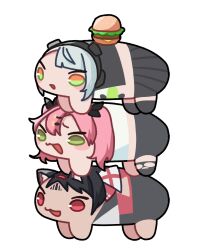  anby_demara animal_ears black_thighhighs burger cat_ears cat_girl chibi chibi_only corset earrings facial_mark food forehead_tattoo green_jacket green_sleeves grey_hair hairband headphones heart heart_earrings highres holding holding_burger holding_food jacket jewelry micro_shorts nekomiya_mana nicole_demara orange_eyes pink_hair red_corset red_hairband rogue_dojeog shorts stack strapless tattoo thigh-highs torn_clothes torn_thighhighs triangle triangle_facial_mark tube_top white_tube_top zenless_zone_zero 