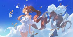  1girl absurdly_long_hair absurdres angelina_(arknights) angelina_the_mellow_wish_(arknights) animal_ears arknights black_hairband blue_sky brown_hair clouds collarbone commentary_request cumulonimbus_cloud day dress floating_hair floating_paper food fox_ears fox_girl hairband highres letter long_hair looking_to_the_side mr.yu off-shoulder_dress off_shoulder outdoors parted_lips pasta pleated_skirt red_eyes short_dress skirt sky solo spaghetti sundress twintails very_long_hair white_dress 