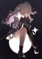  1girl absurdres animal_ears boots commentary_request from_side full_body full_moon fur-trimmed_jacket fur_trim grey_hair hands_on_own_face high_heel_boots high_heels highres hololive jacket knees_together_feet_apart lion_ears lion_girl long_hair looking_at_viewer mitsuya_(user_cdke5825) moon pantyhose shishiro_botan shishiro_botan_(1st_costume) single_leg_pantyhose sitting smirk solo star_(sky) star_(symbol) starry_sky_background torn_clothes torn_pantyhose 