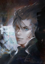  1boy absurdres armor black_hair blood blood_on_face blue_eyes bruise bruise_on_face commentary crisis_core:_final_fantasy_vii cross_scar dated final_fantasy final_fantasy_vii hair_between_eyes highres injury looking_at_viewer male_focus parted_lips ppiinnee24 scar scar_on_cheek scar_on_face short_hair shoulder_armor signature solo spiky_hair sweater turtleneck turtleneck_sweater upper_body zack_fair 