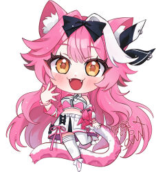  1girl :3 animal_ear_fluff animal_ears bare_shoulders black_bow blush boots bow bracelet chibi chibi_only commentary english_commentary eyelashes fangs fingernails hair_bow hair_intakes hair_ribbon highres hololive hololive_english jewelry lallawaffle_(artist) long_hair midriff multicolored_hair nail_polish open_mouth panther_ears panther_girl panther_tail pink_hair pink_nails raora_panthera ribbon signature simple_background skirt smile solo standing standing_on_one_leg tail thigh-highs two-tone_hair very_long_hair virtual_youtuber white_background white_boots white_hair white_skirt white_thighhighs yellow_eyes 