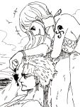  1boy 1girl archived_source arm_tattoo bad_id bad_twitter_id bracelet commentary_request crab earrings greyscale highres jewelry long_hair looking_at_another monochrome namagomi_(op_laaaaw_tan) nami_(one_piece) one_piece roronoa_zoro scar scar_across_eye scar_on_chest short_hair sky smile sunglasses swimsuit tattoo upper_body 
