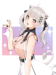  1girl absurdres ahoge animal_ears belt black_bow black_bowtie black_nails blush border bow bowtie breasts claw_pose commentary_request cowboy_shot fingernails from_side grey_eyes grey_hair hair_ribbon hand_up highres hololive large_breasts lion_ears lion_girl lion_tail outside_border ribbon sharp_fingernails shishiro_botan shishiro_botan_(jirai_kei) skirt solo sparkle_background standing suspender_skirt suspenders tail twintails usukimibilly88 virtual_youtuber white_border white_skirt 