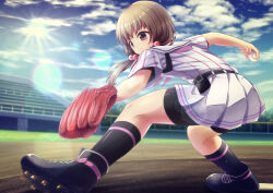  1girl ball baseball_(object) baseball_(sport) baseball_mitt baseball_stadium baseball_uniform belt bike_shorts bike_shorts_under_skirt black_belt black_shoes black_socks blue_sky brown_hair cinderella_series closed_mouth clouds cloudy_sky commentary_request fanny_pack hachigatsu_no_cinderella_nine hair_bobbles hair_ornament highres holding holding_ball kneehighs long_hair low_twintails naoe_tayu outdoors pitching playing_sports sailor_collar satogahama_baseball_uniform shirt shirt_under_shirt shoes short_sleeves skirt sky socks solo sportswear striped_clothes striped_shirt sun twintails vertical-striped_clothes vertical-striped_shirt white_sailor_collar white_skirt yupi828 