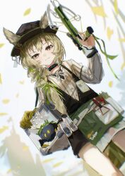 1girl absurdres arknights beanstalk_(arknights) black_collar black_hat black_overalls blonde_hair blush braid brown_eyes cage collar commentary_request cowboy_shot crossbow dutch_angle ears_through_headwear gloves green_ribbon hair_ribbon hat highres holding holding_crossbow holding_weapon hyena_ears hyena_girl infection_monitor_(arknights) long_hair long_sleeves looking_at_viewer metal_crab_(arknights) overalls ribbon shirt simple_background single_glove sketch smile solo striped_clothes striped_shirt sudadachi weapon white_background white_shirt yellow_gloves 
