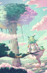  1girl aki_(akisora_hiyori) back ceres_fauna ceres_fauna_(1st_costume) clouds cloudy_sky commentary_request day dress flock flower from_behind full_body giant_tree green_hair green_sky grey_hair hair_branch hair_flower hair_ornament high_up highres hololive hololive_english minecraft nature outdoors sapling_(ceres_fauna) scenery sitting sitting_on_branch sky sparkle stirrup_legwear toeless_legwear tree virtual_youtuber white_dress wide_shot 