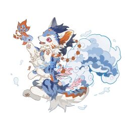  animal animal_focus blue_fur blue_sclera blue_tail colored_sclera coral fish highres looking_at_another multicolored_fur no_humans open_mouth orange_fur original pawpads pink_eyes qi00000001 simple_background teeth water white_background white_fur 