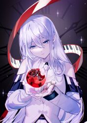  1girl absurdres apple bare_shoulders blue_eyes clock commentary_request detached_sleeves earrings food fruit grey_hair hair_between_eyes highres holding holding_food holding_fruit jacket jewelry long_hair long_sleeves necktie onishima1011 open_mouth piano_keys project_sekai solo very_long_hair white_hair yoisaki_kanade 