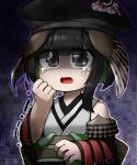  1boy black_eyes black_hair black_headwear black_sleeves colored_inner_hair crying crying_with_eyes_open detached_sleeves green_hair hand_on_own_cheek hand_on_own_face hat indie_virtual_youtuber japanese_clothes kimono male_focus multicolored_hair no_nose obi open_mouth sash scared shaded_face sleeveless sleeveless_kimono solo tabinoki_kanae tears upper_body virtual_youtuber websci_3357 white_kimono 