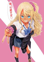  1boy absurdres arm_scrunchie black_cardigan black_socks blonde_hair blue_bow blue_eyes blue_skirt bow brown_shoes cardigan collarbone collared_shirt commentary_request crossdressing crossdressing_(mtf) dark-skinned_male dark_skin fang foot_out_of_frame full_body ganguro gyaru hair_ornament hair_scrunchie hand_on_own_thigh heart highres kiyumoto7802 kogal leaning_forward loafers long_hair looking_at_viewer male_focus miniskirt nail_polish original pink_background pink_nails pink_scrunchie pleated_skirt school_uniform scrunchie shirt shoes short_sleeves side_ponytail simple_background skirt smile socks solo speech_bubble striped_bow striped_clothes striped_socks tan teeth trap two-tone_background unworn_cardigan v vertical-striped_clothes vertical-striped_socks white_background white_shirt 