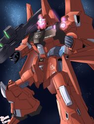  2025 beam_cannon dated derivative_work earth_federation english_commentary gundam gundam_unicorn kaen_(yoltablaze) looking_at_viewer mecha mecha_focus mobile_suit nebula no_humans rezel robot science_fiction signature space star_(sky) zero_gravity 