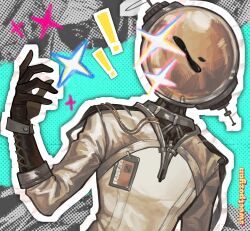  ! !! 1boy aqua_background black_gloves ferrofluid fishbowl_helmet gloves halftone halftone_background hand_up helmet highres id_card john_lalonde jumpsuit male_focus object_head reverse:1999 solo sparkle ulrich_(reverse:1999) upper_body white_jumpsuit 