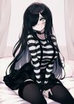  1girl aria_wintermint black_choker black_hair black_skirt blush choker english_commentary gothic green_eyes hair_over_one_eye halloween highres long_hair long_sleeves looking_at_viewer on_bed original parororo shirt sitting skindentation skirt smile striped striped_shirt suspenders thigh-highs 