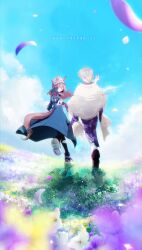  2girls animal_ears beanie brown_hair closed_eyes clouds coat commentary denim dress ears_through_headwear field floral_print floral_print_dress flower flower_field from_behind gloves grass grey_hair grey_hat hat highres horse_ears horse_girl horse_tail jeans kobara_suita long_hair multiple_girls nakayama_festa_(shichuukyuukatsu)_(umamusume) nakayama_festa_(umamusume) npbo pants petals print_dress purple_dress purple_flower purple_petals shoe_soles shoes smile striped_clothes striped_headwear tail torn_clothes torn_jeans torn_pants translation_request umamusume untranslatable_commentary vertical-striped_clothes vertical-striped_headwear 