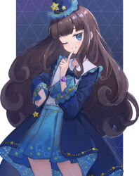  1girl blue_bow blue_bowtie blue_eyes blue_hat blue_robe blue_skirt bow bowtie brown_hair commentary_request cowboy_shot finger_to_own_chin grin hand_on_own_hip hat highres kurosu_aroma long_hair looking_at_viewer one_eye_closed open_clothes open_robe pillarboxed pleated_skirt pretty_series pripara robe shirt sidelocks skirt smile solo very_long_hair white_shirt zeroarchive00 