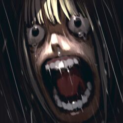  1girl black_background black_eyes black_hair commentary_request crack_of_light crazy_eyes crying crying_with_eyes_open dark_background highres horror_(theme) jun_(navigavi) motion_lines nose open_mouth original portrait runny_nose screaming short_hair snot solo tears teeth tongue 