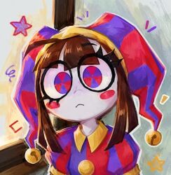  1girl artist_mark01 blue_shirt blush_stickers brown_hair colored_skin frown hat jester jester_cap jester_costume long_hair looking_at_viewer pomni_(the_amazing_digital_circus) puffy_short_sleeves puffy_sleeves red_shirt shirt short_sleeves solo star_(symbol) striped_clothes striped_shirt the_amazing_digital_circus white_skin 
