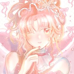  1girl argyle_background back_bow bare_shoulders beads bow brown_eyes chinese_commentary choker closed_mouth collar colored_eyelashes commentary_request commission detached_collar dot_nose dress finger_to_own_chin frilled_collar frills hair_ornament hair_ribbon hair_rings happy highres large_bow light_blush lipstick makeup mao_zhao_lei' myriad_poetic_bows_(shining_nikki) nail_polish nikki_(nikki) nikki_(series) one_eye_closed parted_bangs pink_bow pink_choker pink_dress pink_hair pink_lips pink_nails pink_theme procreate_(medium) ribbon shining_nikki short_hair_with_long_locks sidelocks smile solo star_(symbol) star_hair_ornament straight-on strapless strapless_dress updo upper_body wavy_hair white_background white_collar white_ribbon 