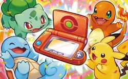  :3 bright_pupils bulbasaur charmander closed_eyes confetti dot_nose fangs fire flame-tipped_tail green_eyes nishida_yuu no_humans nostrils official_art open_mouth pikachu poke_ball_symbol pokedex pokemon pokemon_(creature) pokemon_focus pokemon_tcg pokemon_tcg_pocket red_eyes smile squirtle starter_pokemon_trio tail third-party_source white_pupils 