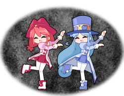  2girls ^_^ amy_(oziah233) arm_across_chest arm_up black_background blue_boots blue_coat blue_hair blue_hat blue_skirt blush boots border bow bowtie buttons closed_eyes coat commentary curly_hair curtained_hair facing_viewer fine_(futagohime) full_body furrowed_brow fushigiboshi_no_futago_hime hair_between_eyes hat highres juliet_sleeves knees_together_feet_apart leg_up long_hair long_sleeves low-tied_long_hair low_twintails miniskirt multiple_girls open_mouth pantyhose pink_coat pleated_skirt pom_pom_(clothes) pom_pom_footwear puffy_sleeves raised_inner_eyebrows red_hair red_hat red_skirt red_trim rein_(futagohime) round_border short_twintails side-by-side skirt smile standing standing_on_one_leg top_hat twintails very_long_hair white_boots white_border white_bow white_bowtie white_pantyhose white_trim 