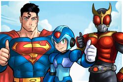 3boys absurdres android armor black_hair blue_bodysuit blue_helmet blue_sky bodysuit border cape clark_kent closed_mouth clouds commentary commission dc_comics english_commentary green_eyes helmet highres kamen_rider kamen_rider_kuuga kamen_rider_kuuga_(mighty_form) kamen_rider_kuuga_(series) male_focus mega_man_(series) mega_man_x_(series) multiple_boys muscular muscular_male outdoors red_cape short_hair sky smile superman superman_(series) superman_logo thumbs_up upper_body videajames white_border x_(mega_man)