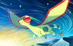  1other abstract_background blue_background bright_pupils bug commentary_request dragonfly dragonfly_wings flygon flying full_body insect_wings ma-hain-scarlet no_humans official_art pokemon pokemon_(creature) pokemon_focus pokemon_tcg red_eyes smile white_pupils wings 