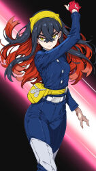  1girl black_background black_hair blue_jacket blue_pants blueberry_academy_school_uniform breasts carmine_(pokemon) closed_mouth colored_inner_hair commentary_request crossed_bangs empty_eyes fanny_pack gloves hair_between_eyes hairband highres holding holding_poke_ball jacket lips long_hair long_sleeves looking_at_viewer medium_breasts mole mole_under_eye multicolored_hair pants partially_fingerless_gloves poke_ball poke_ball_(basic) pokemon pokemon_scarlet_and_violet red_gloves red_hair school_uniform shoes single_glove slit_pupils solo standing tsukishiro_saika two-tone_hair yellow_eyes yellow_hairband 