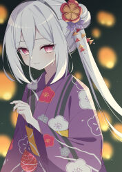  1girl blue_archive blurry bokeh closed_mouth commentary depth_of_field divergenceok dot_nose floral_print floral_print_kimono flower hair_between_eyes hair_flower hair_ornament half_updo highres holding_kinchaku japanese_clothes kei_(anniversary_yukata)_(blue_archive) kei_(blue_archive) kei_(student)_(blue_archive) kimono kinchaku light_blush long_hair long_hair_between_eyes looking_at_viewer official_alternate_costume official_alternate_hairstyle pink_eyes pouch print_kimono purple_kimono ringed_eyes solo very_long_hair white_hair yukata 