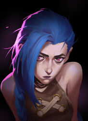  1girl arcane:_league_of_legends arcane_jinx asymmetrical_bangs attacking_mt bare_shoulders black_background blue_hair braid breasts brown_shirt closed_mouth gradient_background highres jinx_(league) league_of_legends long_hair medium_breasts no_tattoo pink_eyes shiny_skin shirt solo 