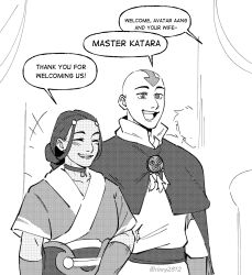  1boy 1girl aang arrow_(symbol) arrow_tattoo avatar_aang:_the_last_airbender avatar_legends bald beads breasts clacyye cloak closed_eyes commentary couple dark-skinned_female dark_skin english_commentary english_text greyscale hair_beads hair_ornament head_tattoo hetero highres husband_and_wife katara light_blush long_hair medium_breasts monochrome open_mouth parted_bangs pendant_choker robe screentones smile talking tan tattoo twitter_username upper_body white_background 