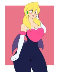  1girl absurdres alia_(mega_man) android bat_wings black_suit blonde_hair blue_eyes breasts cosplay davidart1996 gloves hair_between_eyes hair_over_one_eye hand_on_own_face highres huge_breasts light_blush long_hair looking_at_viewer mega_man_(series) mega_man_x_(series) mega_man_x_dive open_mouth robot_ears robot_girl rouge_the_bat rouge_the_bat_(cosplay) smile solo sonic_(series) steaming_body suit thick_thighs thighs upper_body white_gloves wide_hips wings 