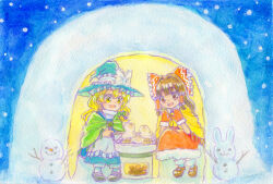  2girls :d apron ascot blonde_hair blue_hat blue_skirt blue_vest bow braid brown_eyes brown_hair chopsticks commentary_request cooking detached_sleeves food frilled_bow frilled_hair_tubes frills fur-trimmed_mittens fur-trimmed_skirt fur_trim grill grilling hair_bow hair_tubes hakurei_reimu hat hat_bow highres holding holding_chopsticks igloo kirisame_marisa long_hair mittens mochi multiple_girls open_mouth red_bow red_mittens red_skirt ribbon-trimmed_sleeves ribbon_trim shichirin side_braid single_braid skirt skirt_set smile snow snow_shelter snowing snowman squatting touhou traditional_media vest waist_apron white_apron white_bow winter winter_clothes witch_hat yellow_ascot yellow_eyes yuzuari4649 