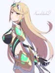  1girl arms_behind_back blonde_hair breasts commentary gloves highres hinoyama_kou large_breasts long_hair looking_at_viewer mythra_(xenoblade) solo white_background white_gloves xenoblade_chronicles_(series) xenoblade_chronicles_2 