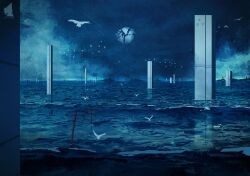  artist_name blue_sky broken_moon building clouds commentary english_commentary highres horizon moon no_humans ocean outdoors scenery science_fiction shylodon signalis simple_bird sky water 