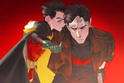  absurdres batman_(series) batman_symbol belt black_hair bodysuit brothers commentary damian_wayne dc_comics grey_bodysuit highres jacket jason_todd male_focus multicolored_bodysuit multiple_boys muscular muscular_male pants red_hood_(dc) red_hood_and_the_outlaws robin_(dc) rpowf short_hair siblings superhero_costume taut_bodysuit taut_clothes two-tone_bodysuit utility_belt western_comics_(style) 