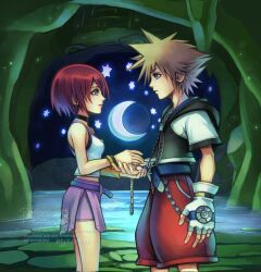  1boy 1girl artist_name bare_shoulders belt black_choker blue_belt blue_eyes breasts brown_hair camisole cave_interior choker commentary crescent_moon cropped_jacket crown_necklace english_commentary fingerless_gloves gloves highres holding_hands hollypolllyy jewelry kairi_(kingdom_hearts) kingdom_hearts kingdom_hearts_i light_smile looking_at_another medium_breasts midriff moon necklace nomura_tetsuya_(style) purple_skirt red_hair red_romper romper short_hair short_sleeves skirt sora_(kingdom_hearts) spiky_hair stalactite white_camisole white_gloves wristband 