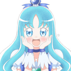  1girl :d blue_choker blue_dress blue_eyes blue_hair blue_wrist_cuffs blush bow brooch chest_bow choker collarbone commentary cure_marine dokadayo dress earrings english_commentary flower_earrings frilled_sleeves frilled_wrist_cuffs frills hair_bow hair_ornament hands_on_own_cheeks hands_on_own_face happy heart heart_brooch heart_hair_ornament heartcatch_precure! highres jewelry kurumi_erika long_hair looking_at_viewer magical_girl open_mouth portrait precure puffy_short_sleeves puffy_sleeves raised_eyebrows short_sleeves simple_background smile solo straight-on umakoshi_yoshihiko_(style) very_long_hair white_background wrist_cuffs 