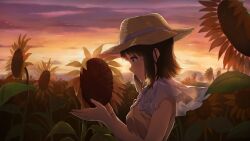  1girl backlighting blush brown_eyes brown_hair capelet clouds commentary_request dusk field flower flower_field from_side hat hat_ribbon highres narumi_nanami original outdoors parted_lips profile purple_sky ribbon short_hair sky smile solo straw_hat sun_hat sunflower sunflower_field sunset upper_body white_capelet yellow_flower 