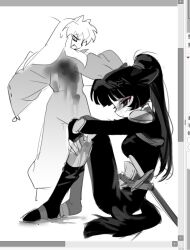  1boy 1girl animal_ears armor art_program_in_frame black_bodysuit black_hair blunt_bangs bodysuit breasts bruise bruise_on_face cat_ears cat_girl cat_tail dog_boy dog_ears ears_back eyeshadow fang full_body furrowed_brow hakama hugging_own_legs injury inuyasha inuyasha_(character) japanese_clothes kemonomimi_mode long_hair makeup medium_breasts pink_eyeshadow ponytail sango_(inuyasha) shoulder_armor sidelocks sketch spot_color sweatdrop tail taohuaguiyu white_hair 