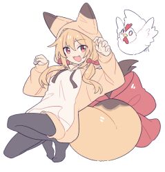  1girl :3 animal_ear_hood bird black_pantyhose blonde_hair bow chicken claw_pose fang fox_girl fox_tail full_body hair_bow hood hoodie large_bow low_twintails o_o open_mouth original pantyhose paw_pose red_bow red_eyes simple_background smile solo squatting suzuno_(suzuno3110) tail tail_bow tail_ornament twintails white_background yellow_hoodie 