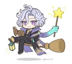  1boy ahoge artist_name ascot black_boots black_cape black_jacket black_pants blush book boots bright_pupils broom broom_riding cape closed_mouth collared_shirt commentary_request crossed_legs genshin_impact grey_hair hair_between_eyes holding holding_book holding_wand jacket lantern long_sleeves looking_at_viewer male_focus mitya_(genshin_impact) notice_lines open_book panri pants parted_bangs purple_cape shirt short_hair simple_background sitting smile solo sparkle star_(symbol) star_wand twitter_username violet_eyes wand white_ascot white_background white_pupils white_shirt 