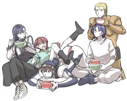  2girls 3boys amate_yuzuriha amuro_ray blonde_hair blue_hair brown_hair char's_counterattack char_aznable commentary_request earth_federation earth_federation_space_forces gundam gundam_gquuuuuux mecha_pilot_suit mobile_suit mos_77_lov multiple_boys multiple_girls neo_zeon normal_suit_(gundam) nyaan_(gundam_gquuuuuux) red_hair shuji_ito 