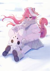  1girl absurdres animal_ears boots building_snowman chattino_(raora_panthera) coat cold commentary_request day from_side full_body highres hololive hololive_english jpjiri0 long_hair mittens open_mouth outdoors panther_ears panther_girl panther_tail pantyhose pink_hair raora_panthera scarf sitting skirt snow snowman solo tail virtual_youtuber white_pantyhose winter winter_clothes winter_coat yellow_eyes 